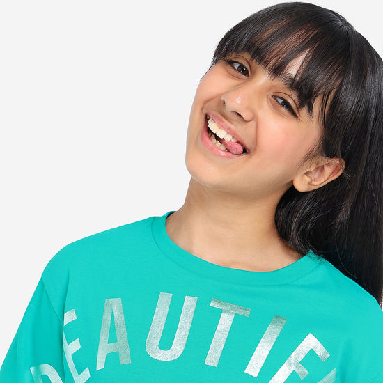 Girls Oversized Croped Glitter Print Cotton Tshirt