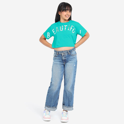 Girls Oversized Croped Glitter Print Cotton Tshirt