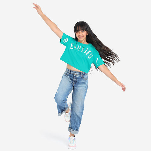 Girls Oversized Croped Glitter Print Cotton Tshirt