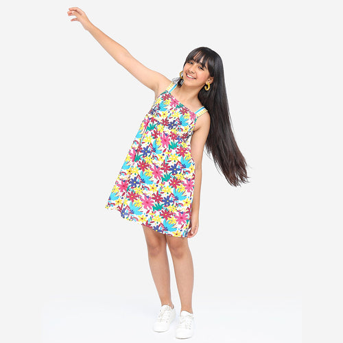 Girls Printed Multi Clour Strapped Casual Cotton Dress