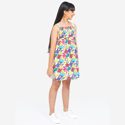 Girls Printed Multi Clour Strapped Casual Cotton Dress