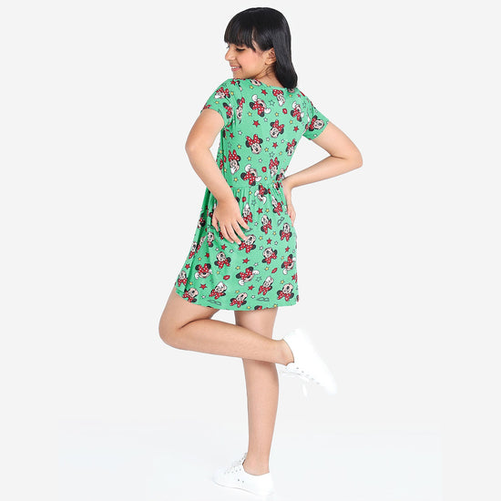 Girls Green Printed Cotton Casual Dress