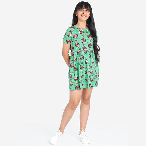 Girls Green Printed Cotton Casual Dress