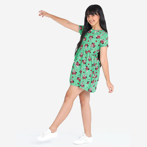 Girls Green Printed Cotton Casual Dress