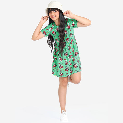 Girls Green Printed Cotton Casual Dress