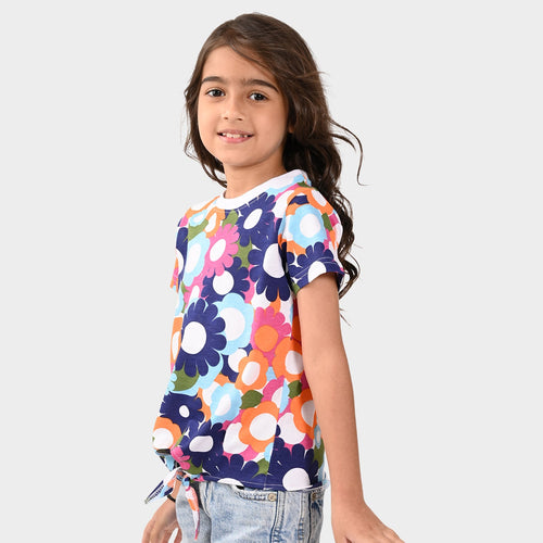 Girls Knoted Croped Print Cotton Tshirt