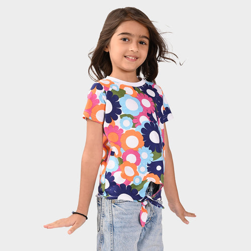 Girls Knoted Croped Print Cotton Tshirt