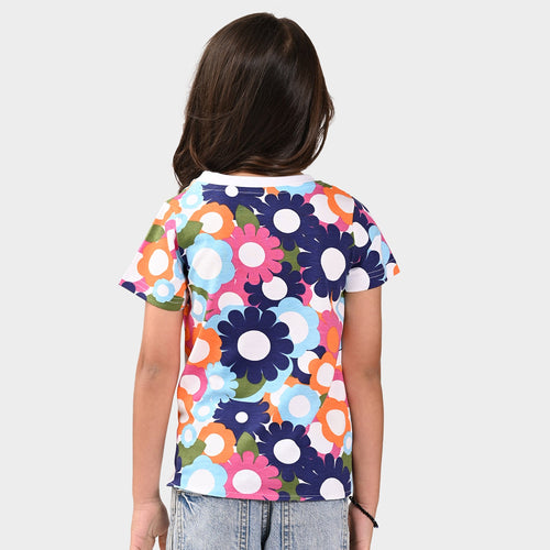 Girls Knoted Croped Print Cotton Tshirt