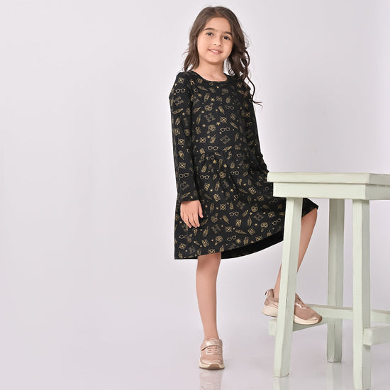 Girls Black Cotton Full Sleeve Dress