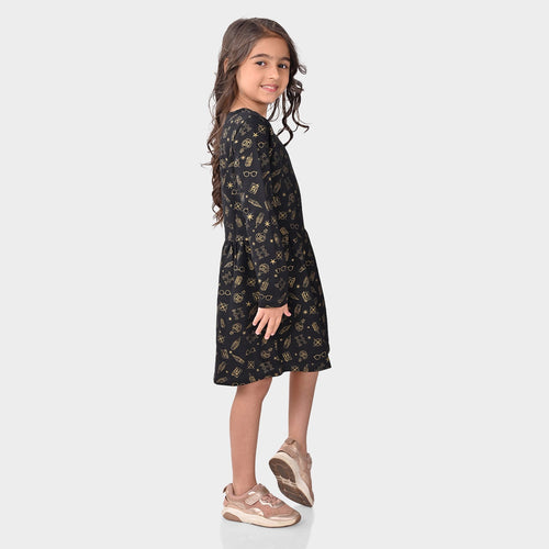 Girls Black Cotton Full Sleeve Dress