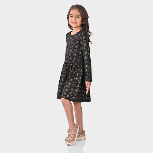 Girls Black Cotton Full Sleeve Dress