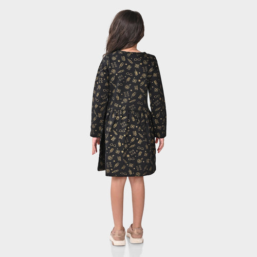 Girls Black Cotton Full Sleeve Dress