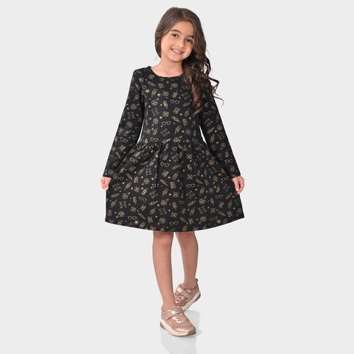 Girls Black Cotton Full Sleeve Dress