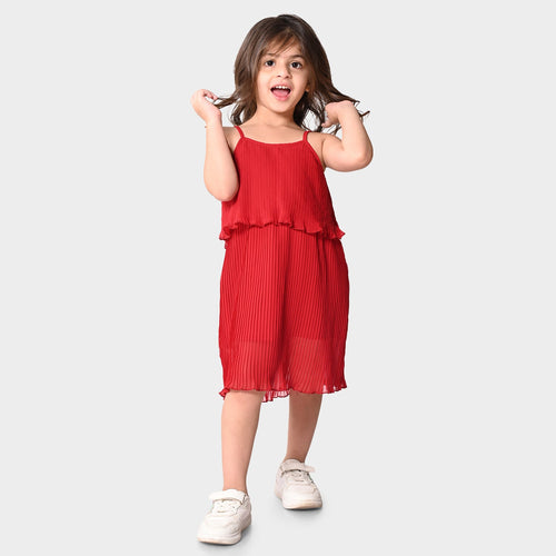 Girls Polyester Red Pleated Dress