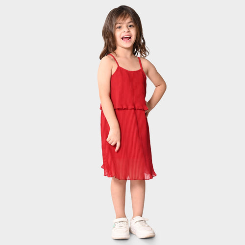 Girls Polyester Red Pleated Dress