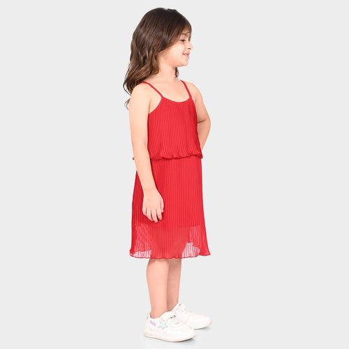 Girls Polyester Red Pleated Dress