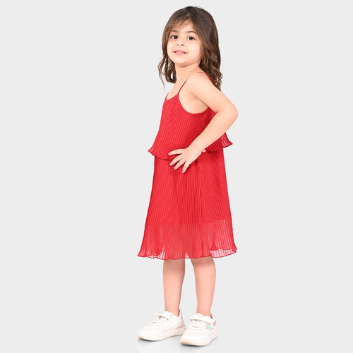 Girls Polyester Red Pleated Dress
