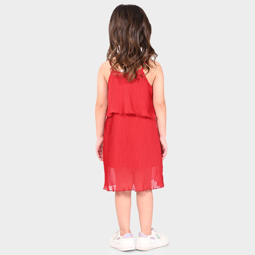 Girls Polyester Red Pleated Dress