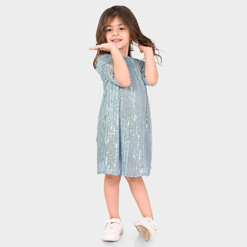 Girls Light Blue Sequence Oversized Party Dress
