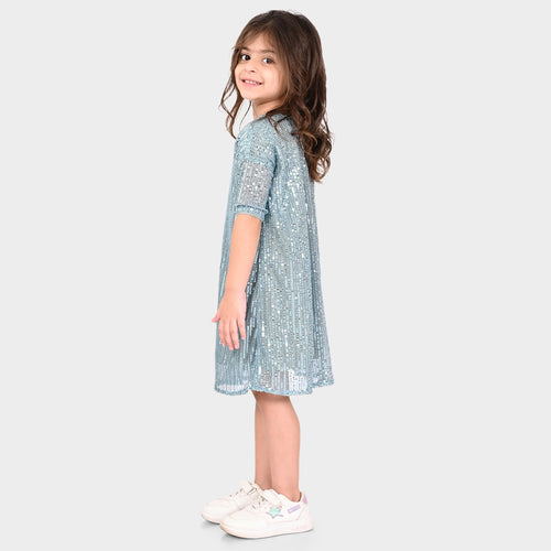 Girls Light Blue Sequence Oversized Party Dress