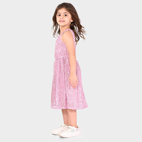 Girls Pink Sequence Oversized Sleeveless Party Dress