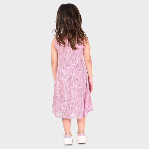 Girls Pink Sequence Oversized Sleeveless Party Dress