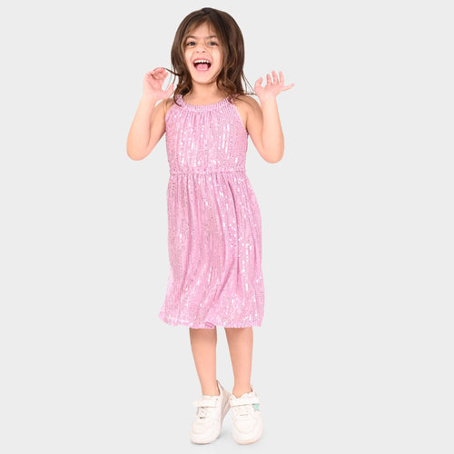 Girls Pink Sequence Oversized Sleeveless Party Dress