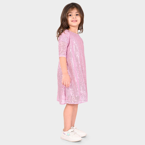 Girls Pink Sequence Oversized Party Dress