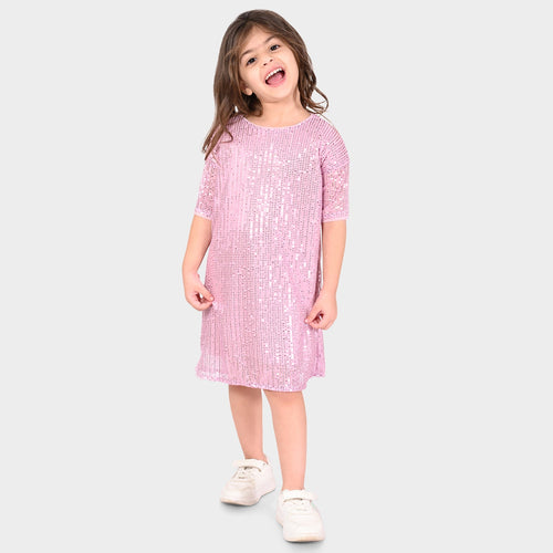 Girls Pink Sequence Oversized Party Dress