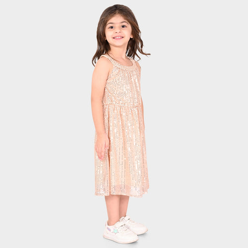 Girls Champagne Sequence Oversized Sleeveless Party Dress