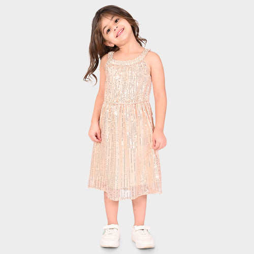 Girls Champagne Sequence Oversized Sleeveless Party Dress
