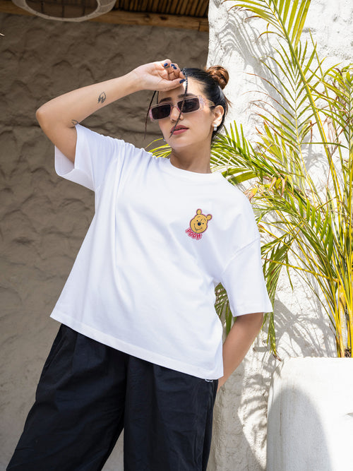 Women Pooh Oversize Front and Back print Tshirt BON12089