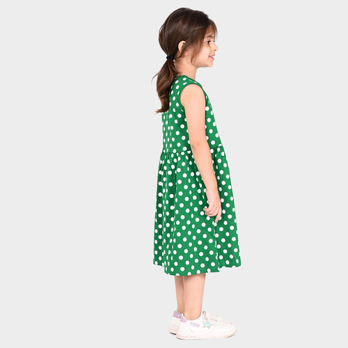 Girls Green Doted Casual Dres