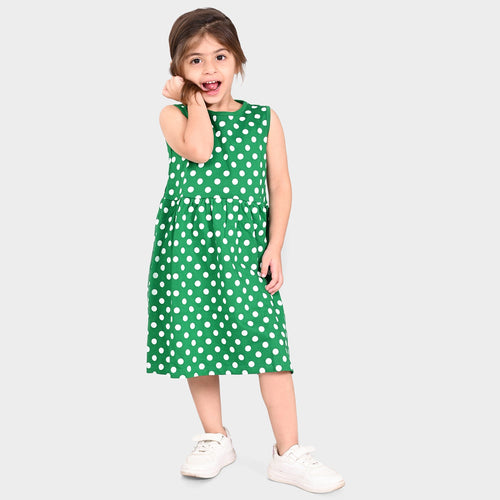 Girls Green Doted Casual Dres