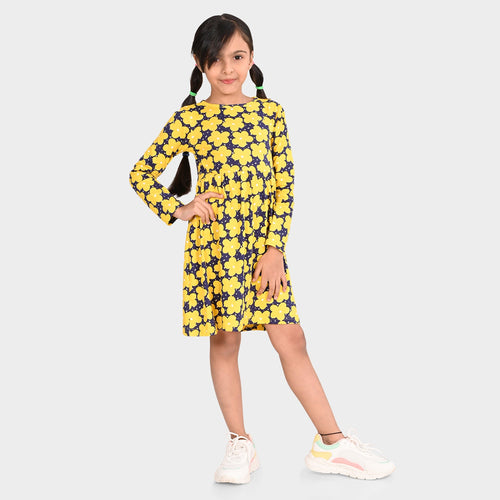 Girls Yellow Printed Cotton Full sleeves Dress