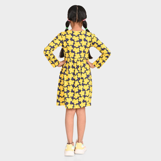 Girls Yellow Printed Cotton Full sleeves Dress