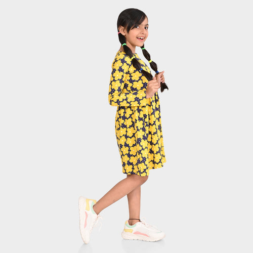 Girls Yellow Printed Cotton Full sleeves Dress