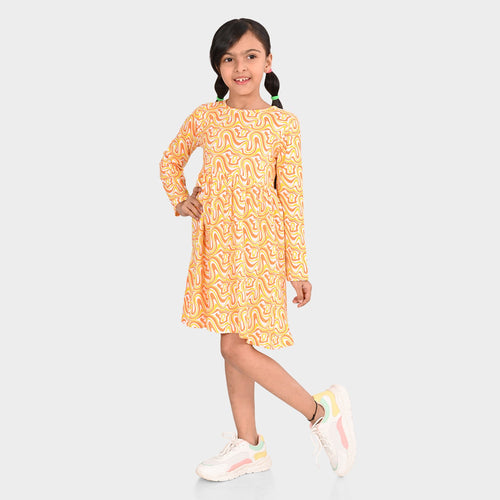 Girls Orange Printed Full Sleeve Dress