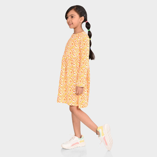 Girls Orange Printed Full Sleeve Dress