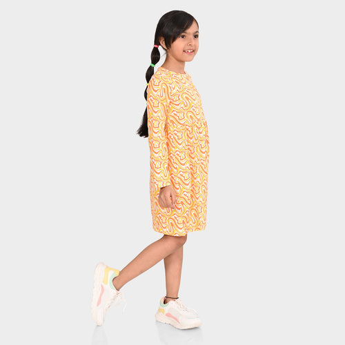 Girls Orange Printed Full Sleeve Dress