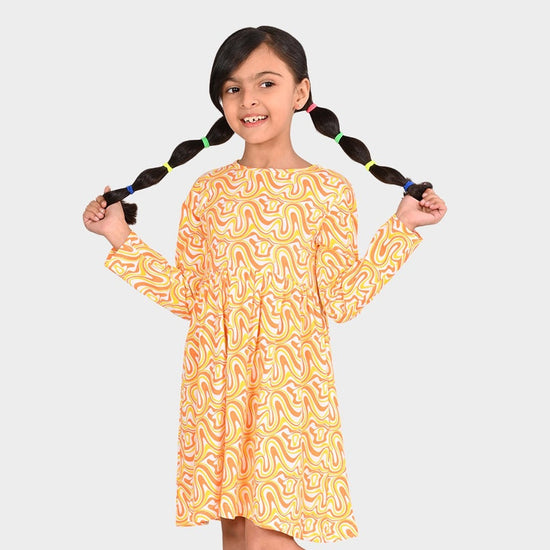 Girls Orange Printed Full Sleeve Dress