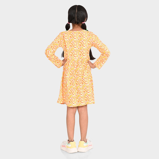 Girls Orange Printed Full Sleeve Dress