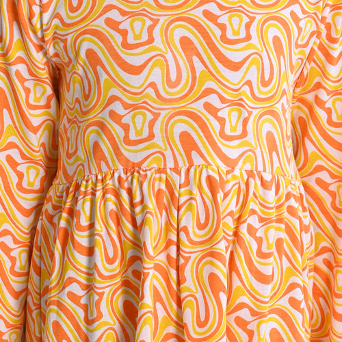 Girls Orange Printed Full Sleeve Dress