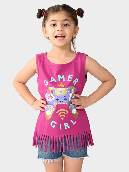 Girls Printed Sleeveless Fringe Top