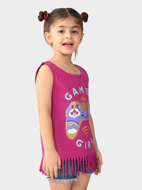 Girls Printed Sleeveless Fringe Top