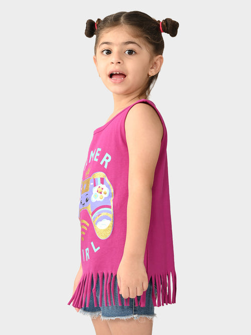 Girls Printed Sleeveless Fringe Top