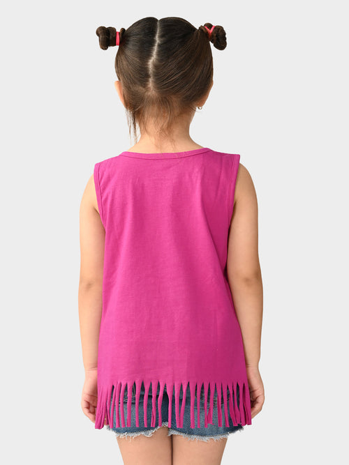 Girls Printed Sleeveless Fringe Top
