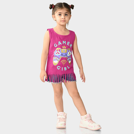 Girls Printed Sleeveless Fringe Top