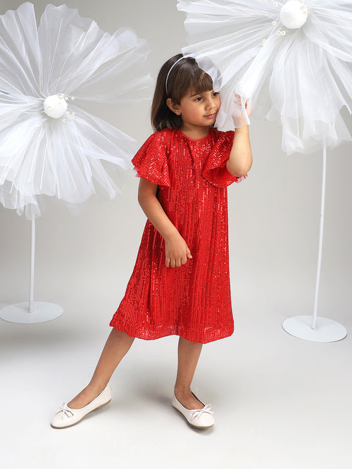 Girls Red Polyester Dress Beautiful Festive and Party Outfit
