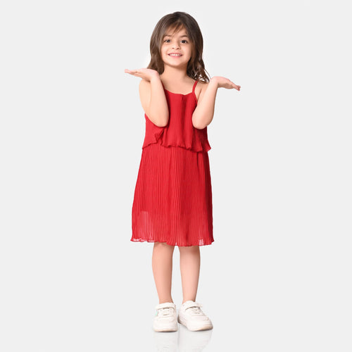 Girls Polyester Red Pleated Dress